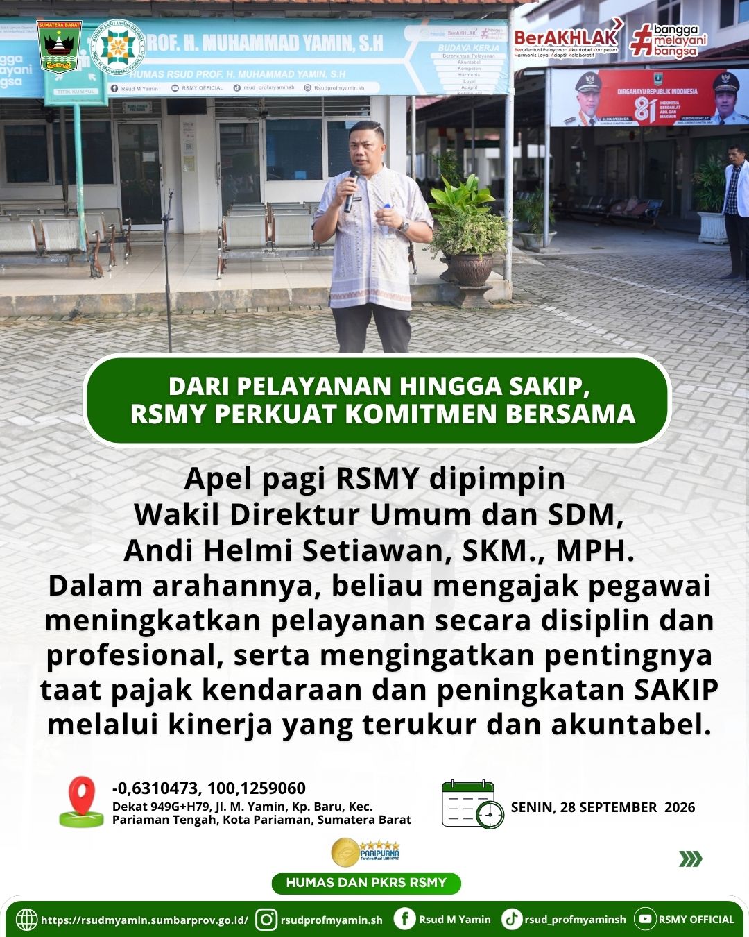 Apel Pagi Dengan Tema : Perkuat Pelayanan Dan Akuntabilitas, RSMY Dorong Kepatuhan Pajak Kendaraan Dan Peningkatan SAKIP